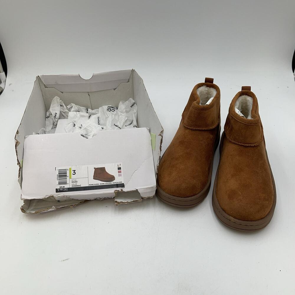 SO Shearling Style Ankle Boots Girls Size 3 Brown Faux Fur Lined Pull On Winter